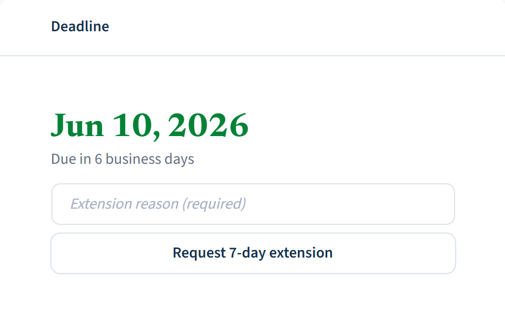A request deadline panel showing the due date, days remaining, and the extension control.