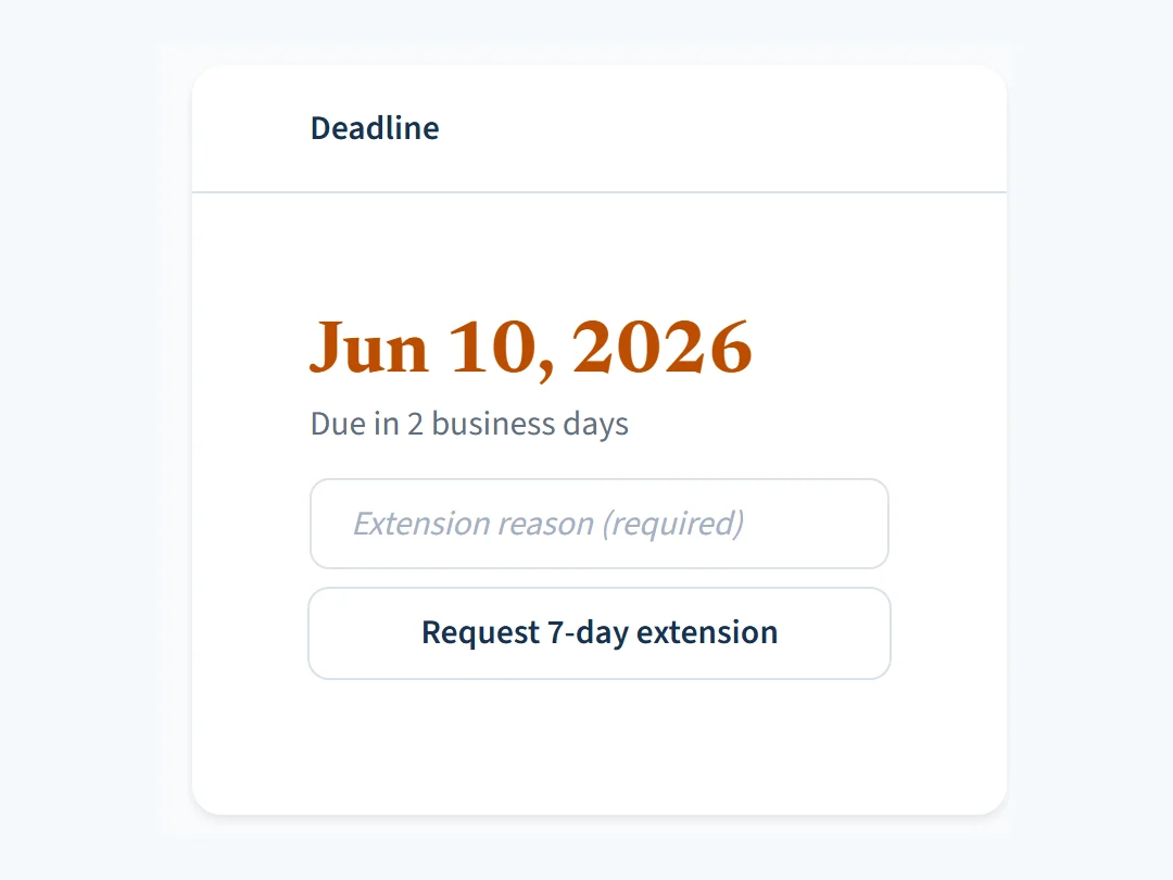 A request deadline panel showing the due date, days remaining, and the extension control.
