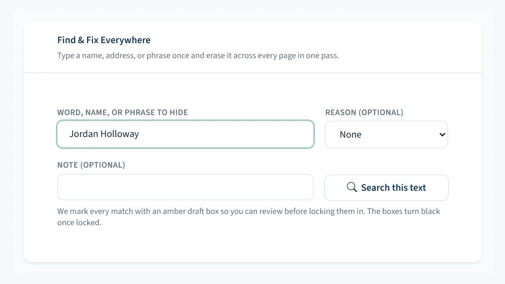 Find and Fix Everywhere search box that redacts a phrase across every page.
