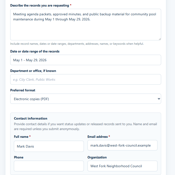 A resident submitting a public records request on the portal intake form.
