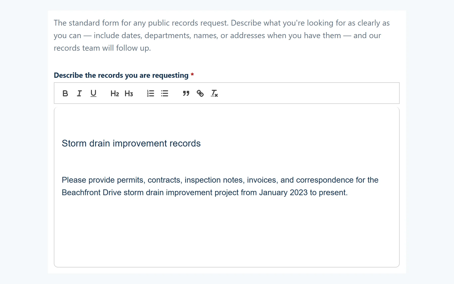 A resident submitting a public records request on the portal intake form.