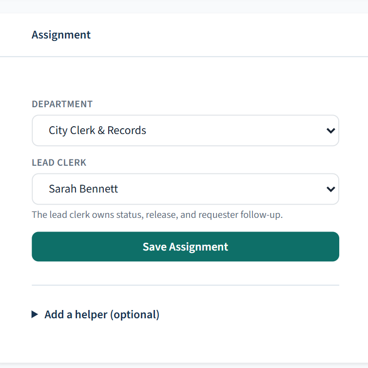 A request assigned to a department and lead clerk.