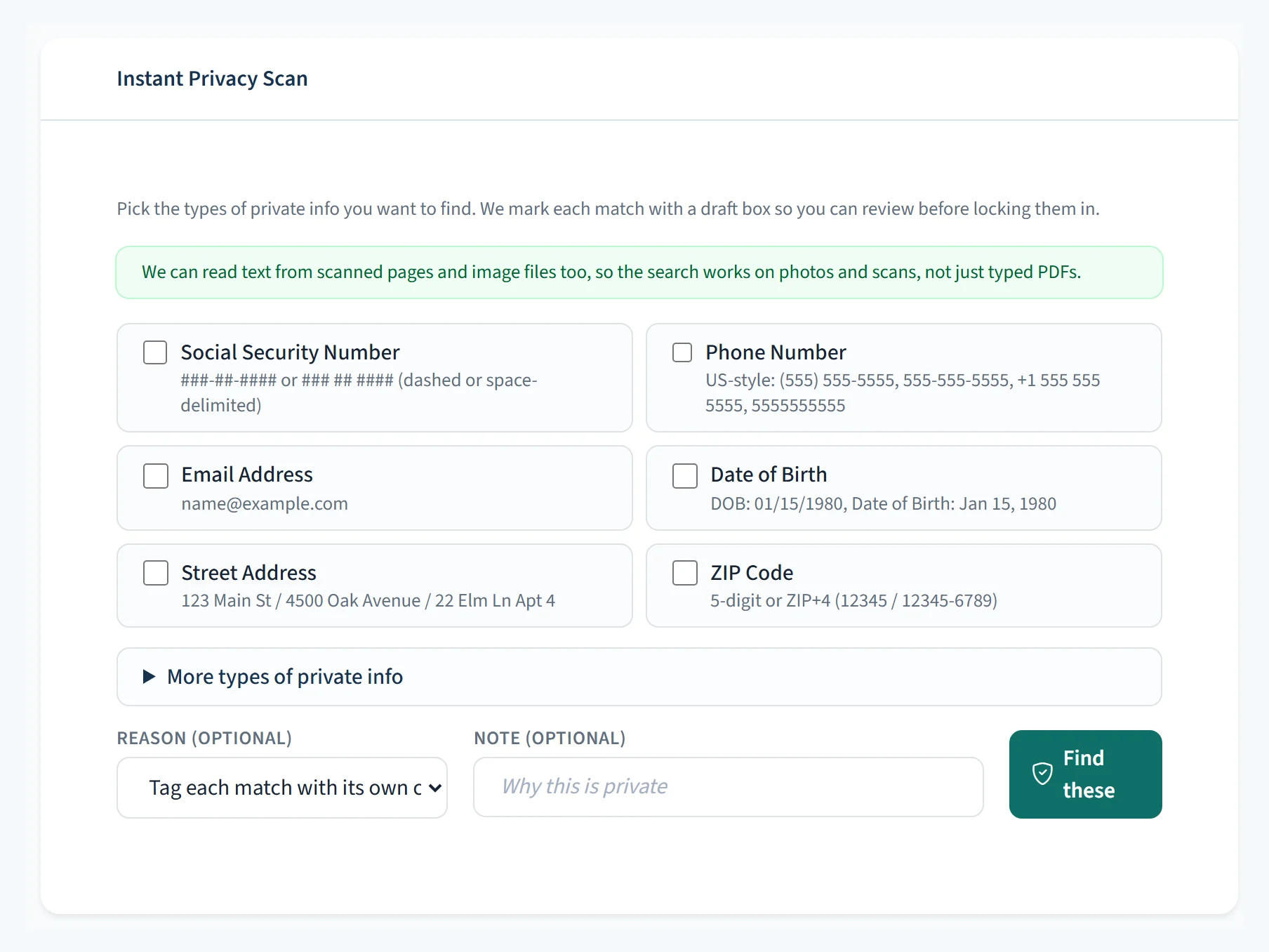 Instant Privacy Scan category checkboxes for SSNs, phone numbers, emails and more.