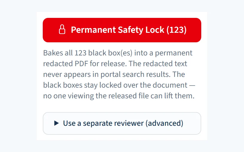 The Permanent Safety Lock control with a locked-redaction counter.